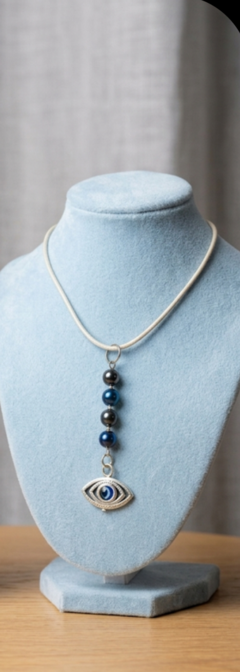 Evil Eye Pendant Necklace with Hematite & Blue Beads