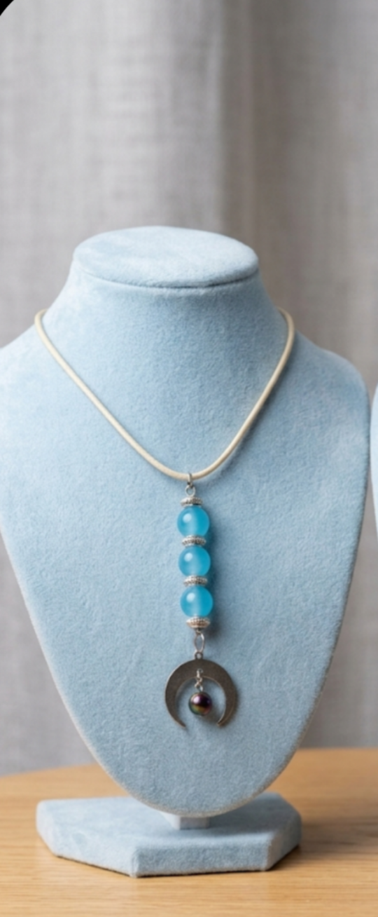 Blue Beaded Crescent Moon Drop Necklace