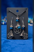 Pentacle & Witch's Hat Earring and Necklace Set with Blue Tiger Eye