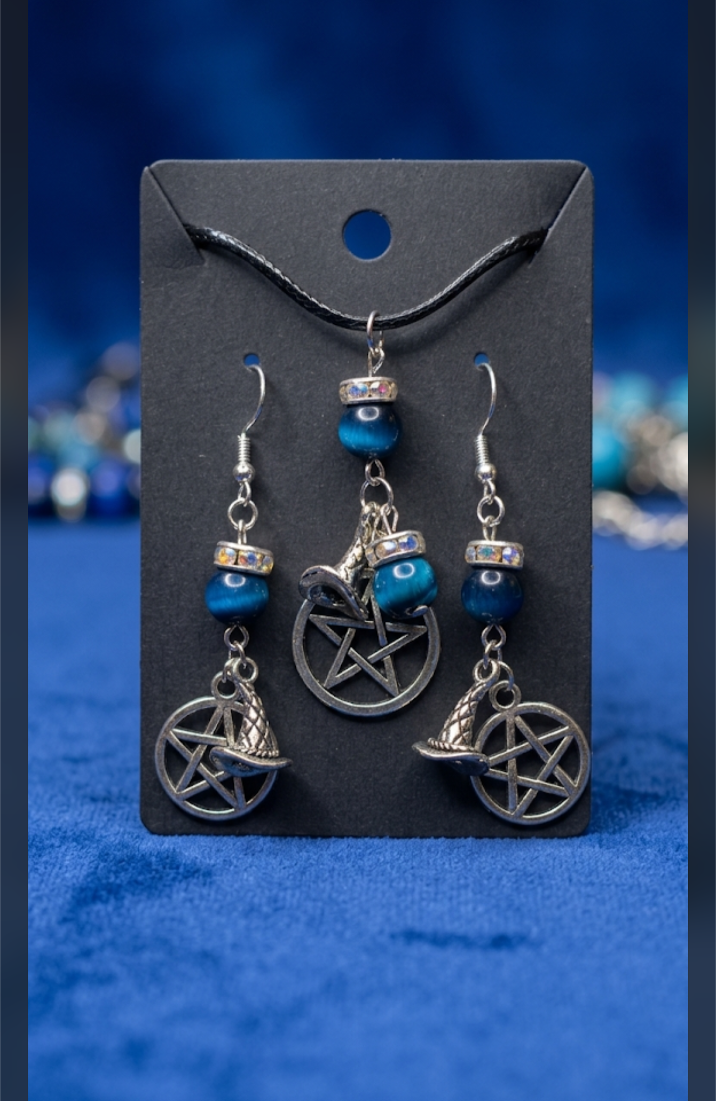 Pentacle & Witch's Hat Earring and Necklace Set with Blue Tiger Eye