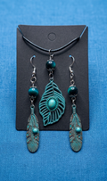 Feather Necklace & Earring Set with Tiger's Eye Blue & Turquoise Beads