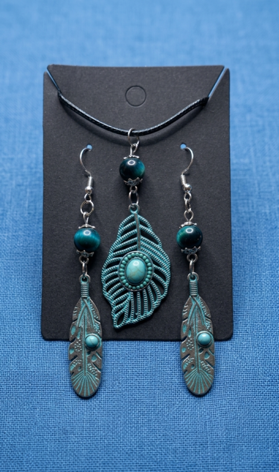 Feather Necklace & Earring Set with Tiger's Eye Blue & Turquoise Beads