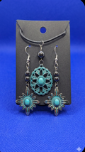 Verdigris Sunburst Necklace & Drop Earring Set with Turquoise Accents & Hematite Beads
