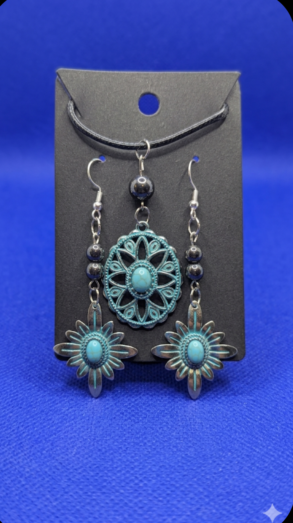 Verdigris Sunburst Necklace & Drop Earring Set with Turquoise Accents & Hematite Beads