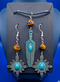 Boho Tiger's Eye & Turquoise Feather Necklace & Starburst Earring Set