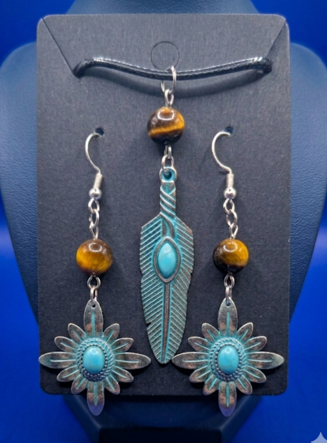 Boho Tiger's Eye & Turquoise Feather Necklace & Starburst Earring Set