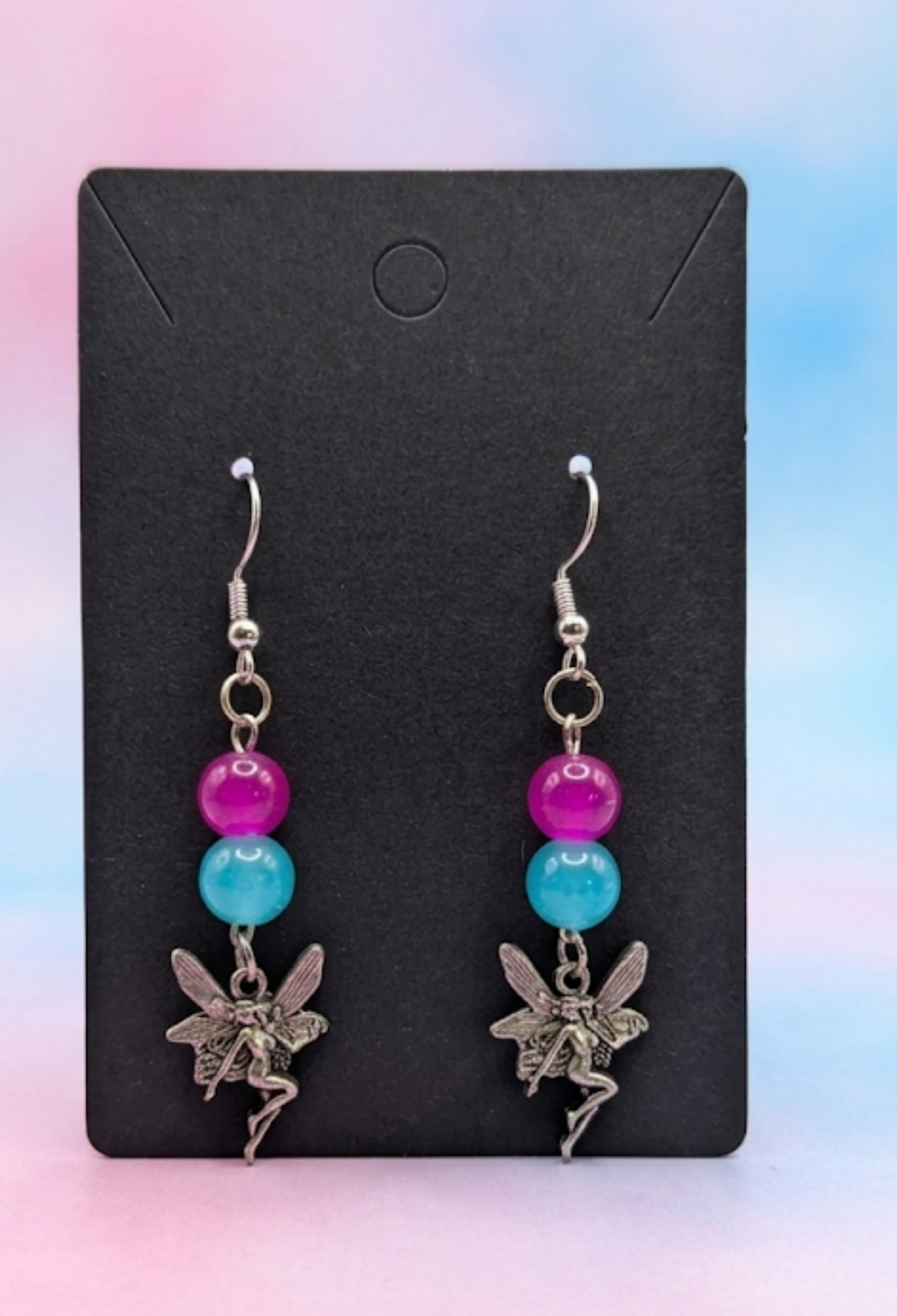 Fairy Charm Earrings with Pink & Blue Beads — Whimsical Cottagecore Fantasy