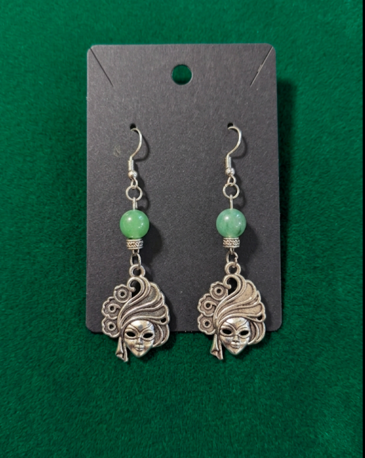 Mask Charm Statement Earrings with Green Beads