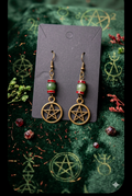 Yule Pentacle Earrings with Green Beads & Red Spacers