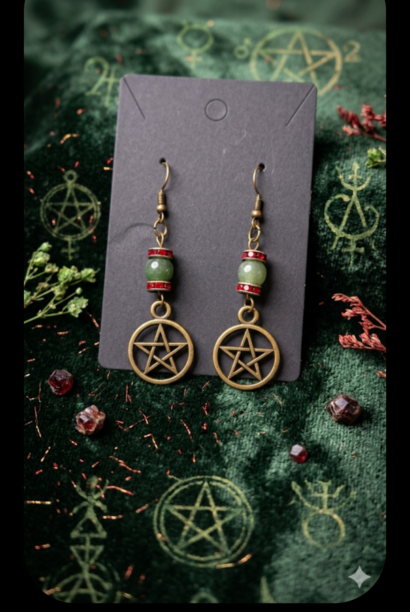 Yule Pentacle Earrings with Green Beads & Red Spacers