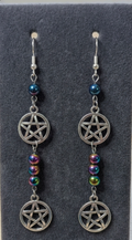 Double Pentacle Drop Earrings with Colorful Metallic Beads