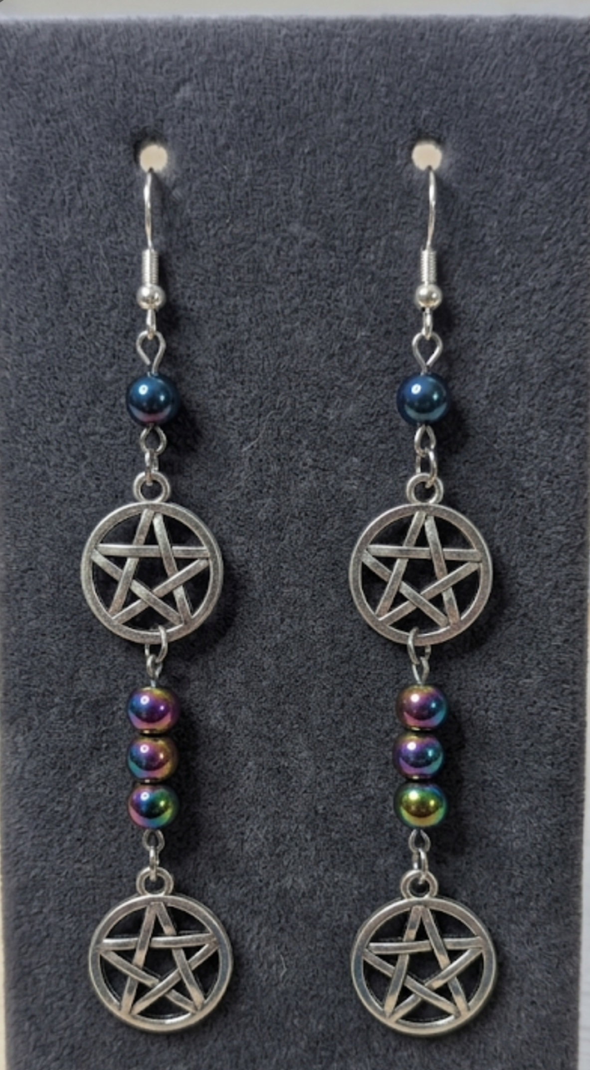 Double Pentacle Drop Earrings with Colorful Metallic Beads