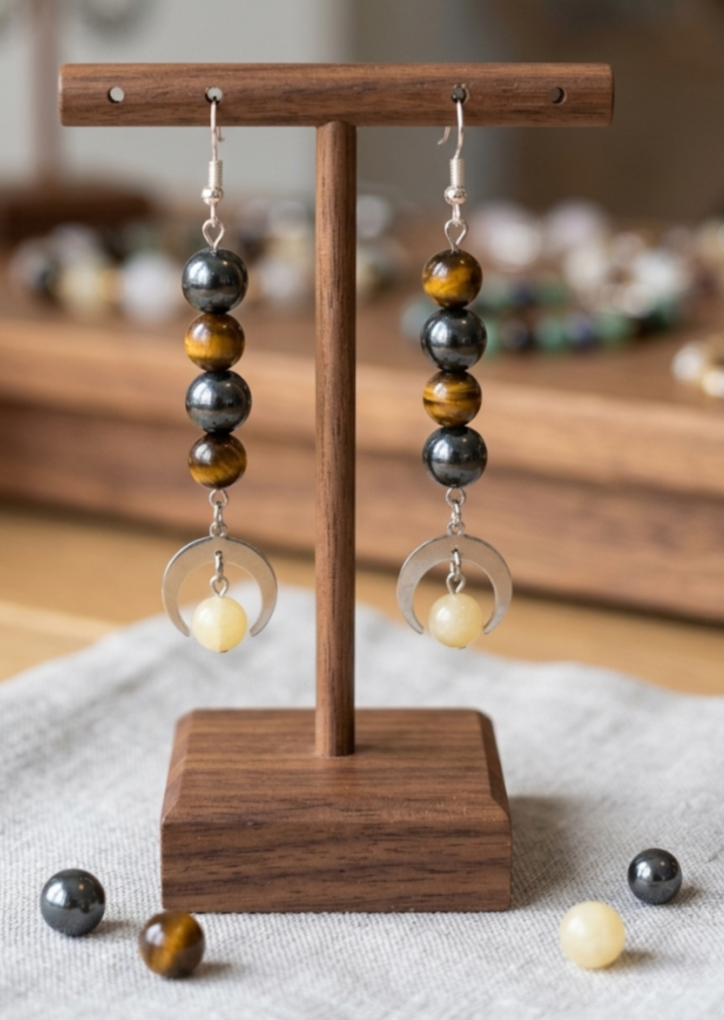 Crescent Moon Drop Earrings with Tiger's Eye, Hematite & Yellow Beads
