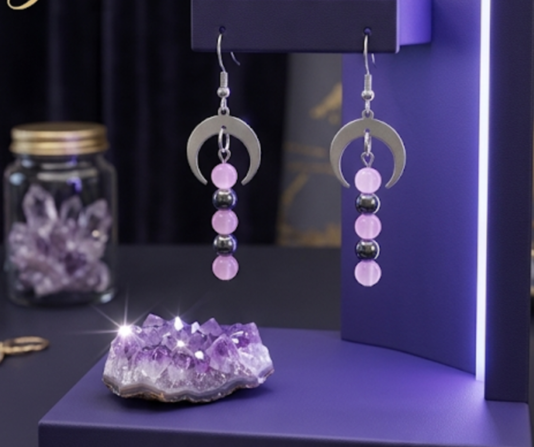 Crescent Moon Drop Earrings with Hematite & Pink Beads