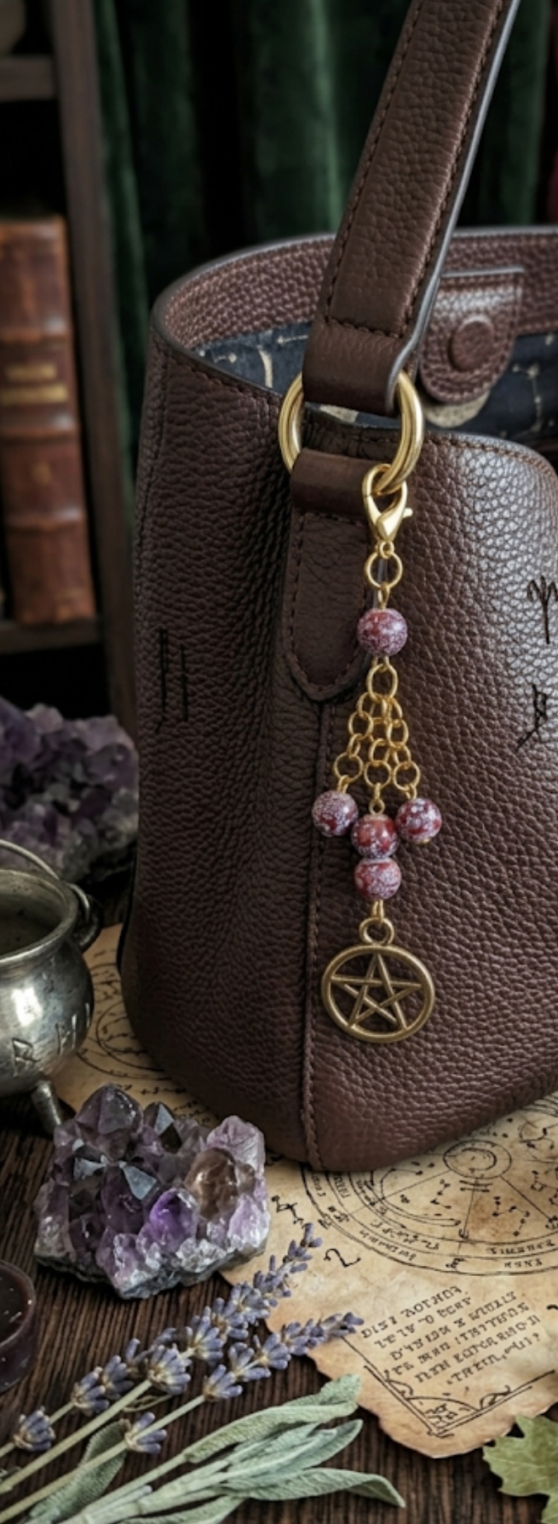 Pentacle Red Cracked Glass Bead Keychain