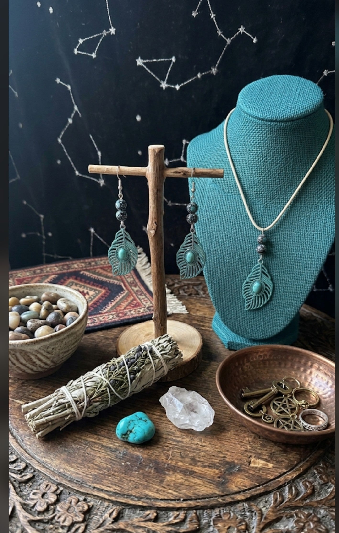 Feather Necklace & Earring Set with Turquoise & Cracked Glass Beads
