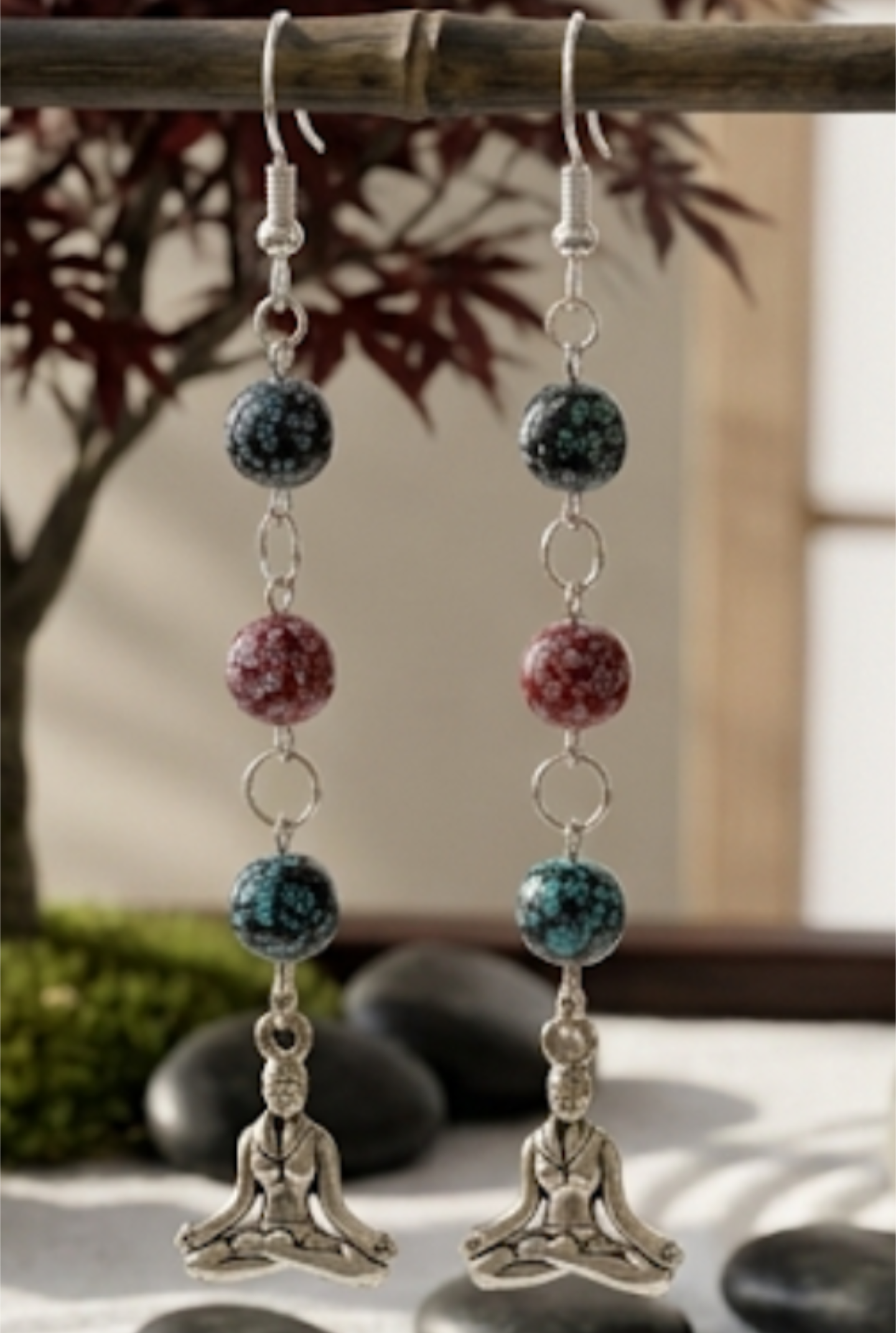 Buddha Charm Dangle Earrings – Cracked Bead Teal & Burgundy