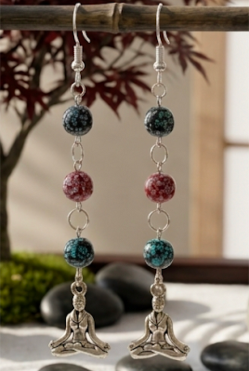 Buddha Charm Dangle Earrings – Cracked Bead Teal & Burgundy