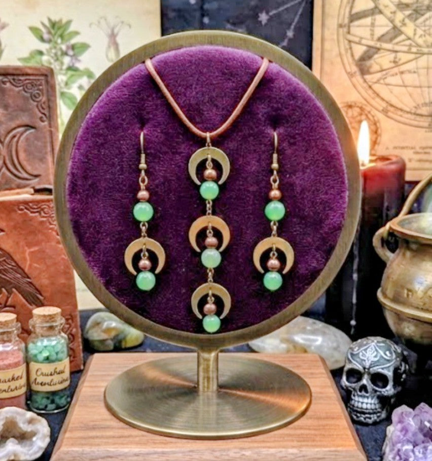 Aventurine & Bronze Triple Moon Charm Necklace & Earrings Set