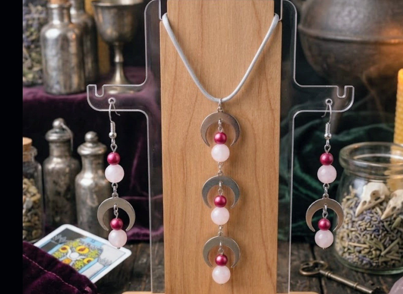 Triple Crescent Moon Charm Necklace & Earrings — Rose Quartz Bead Set