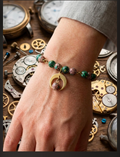 Crackle Bead Bracelet — Green & Red Beads with Crescent Moon Charm