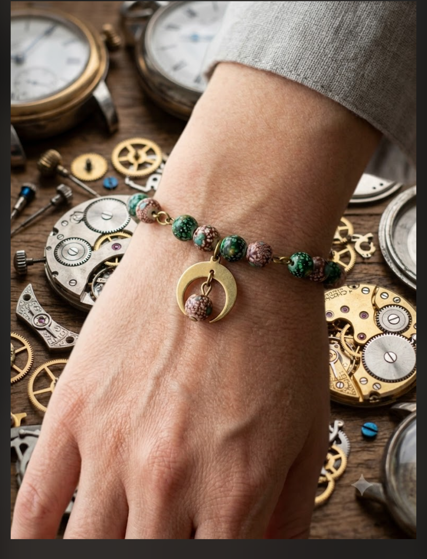 Crackle Bead Bracelet — Green & Red Beads with Crescent Moon Charm