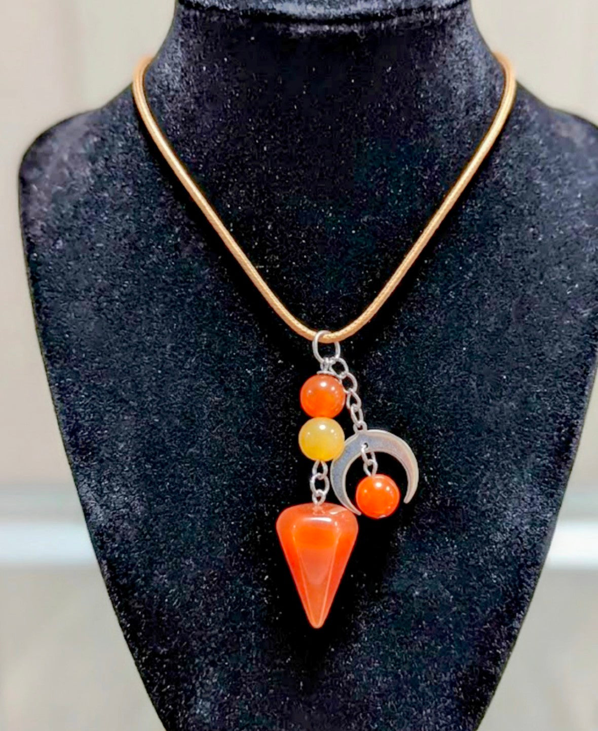 Carnelian Pendulum & Bead Necklace — Crescent Moon Cord