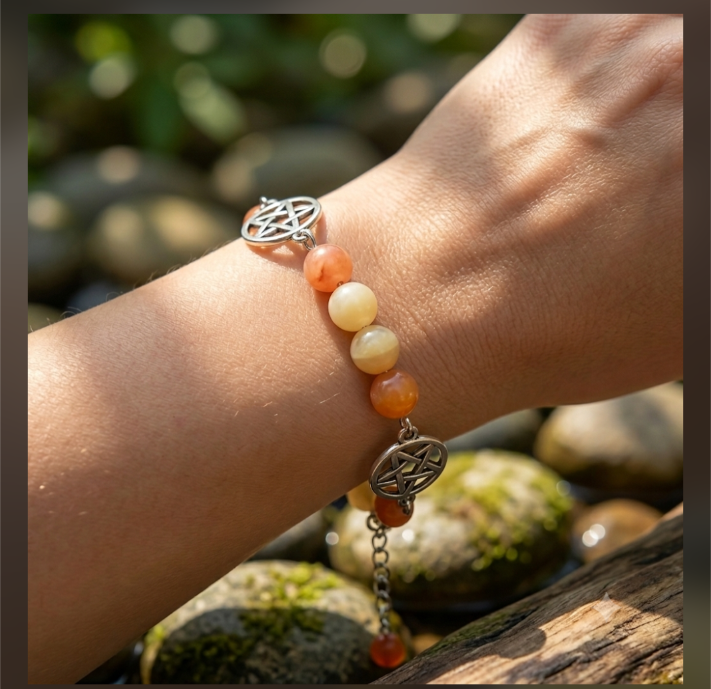 Double Pentacle Bracelet — Carnelian & Gold Tone
