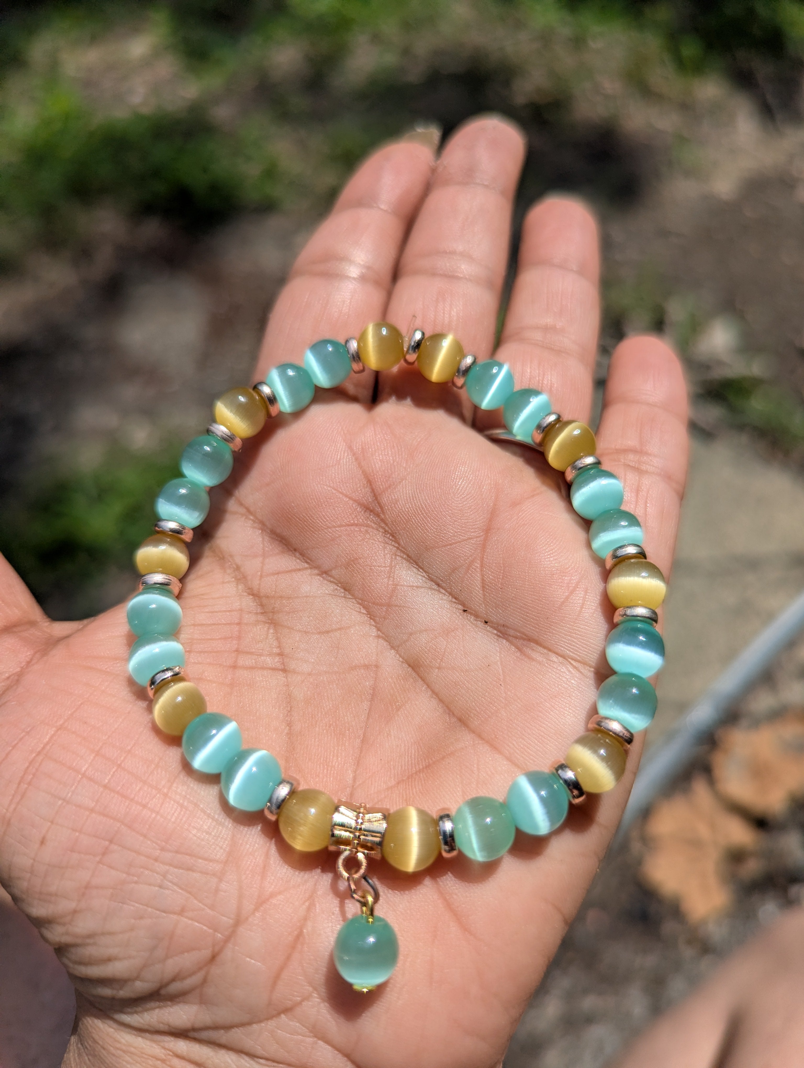 Cat's Eye Stretch Bracelet – Teal Blue & Honey Yellow