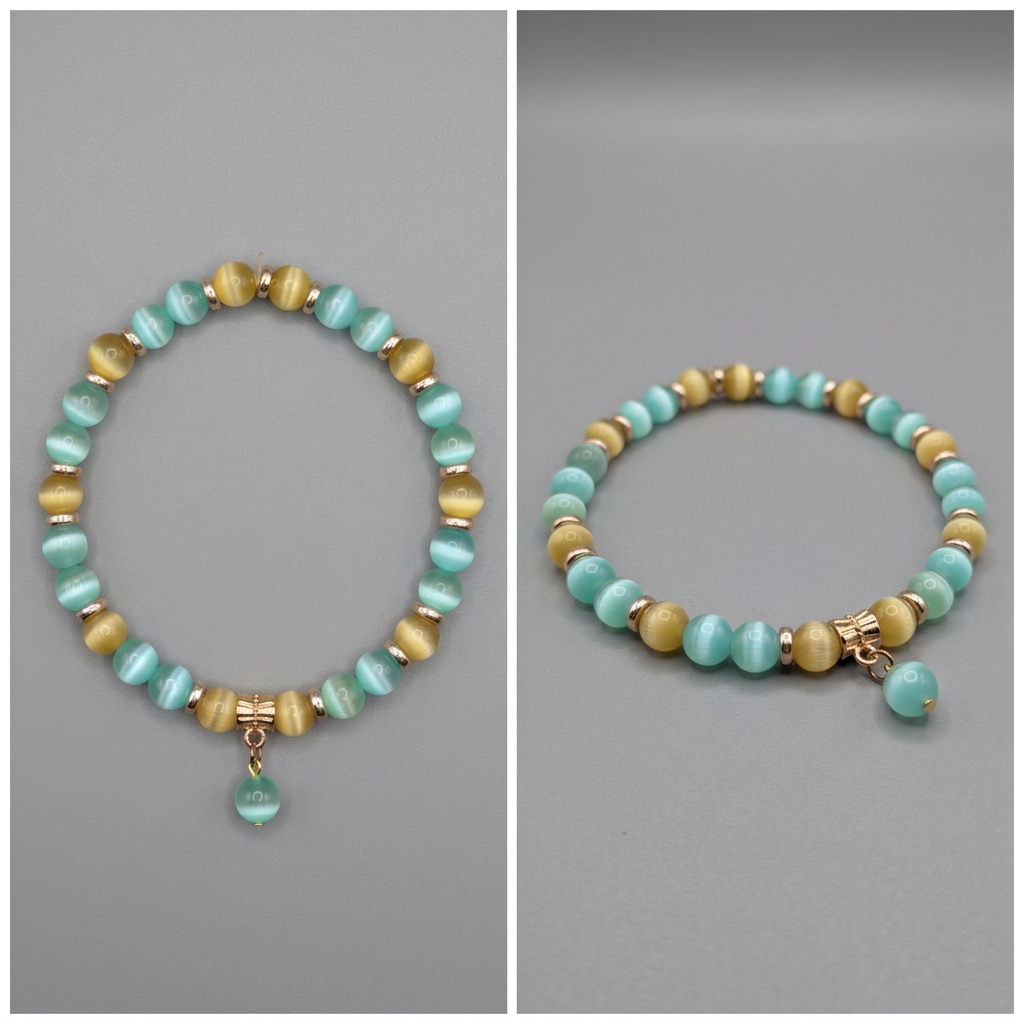 Cat's Eye Stretch Bracelet – Teal Blue & Honey Yellow
