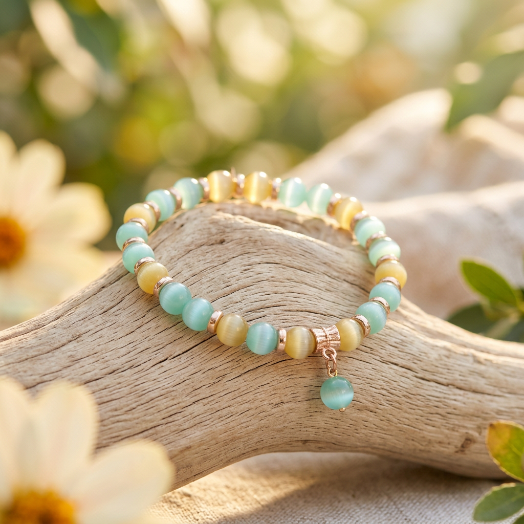 Cat's Eye Stretch Bracelet – Teal Blue & Honey Yellow