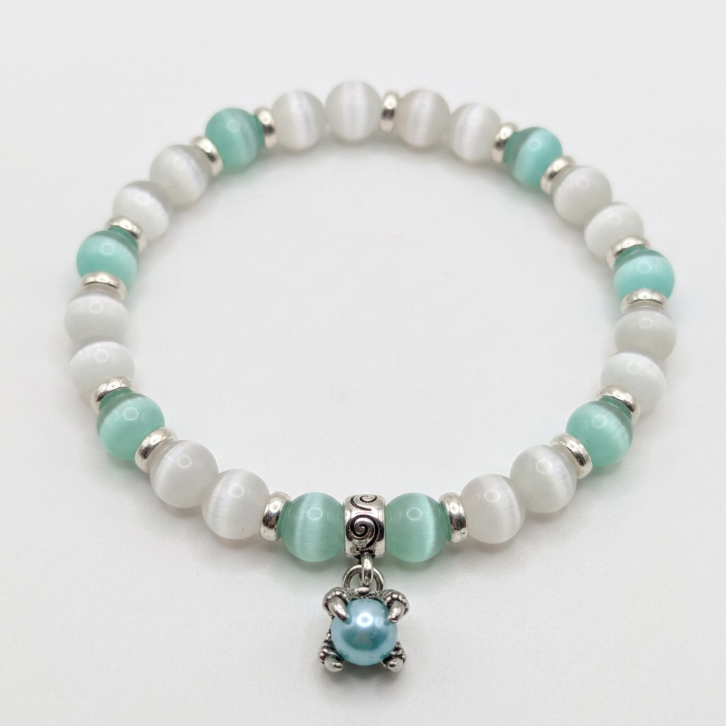 Cats Eye beaded bracelet aqua blue and moonstone white w/ dragon claw charm