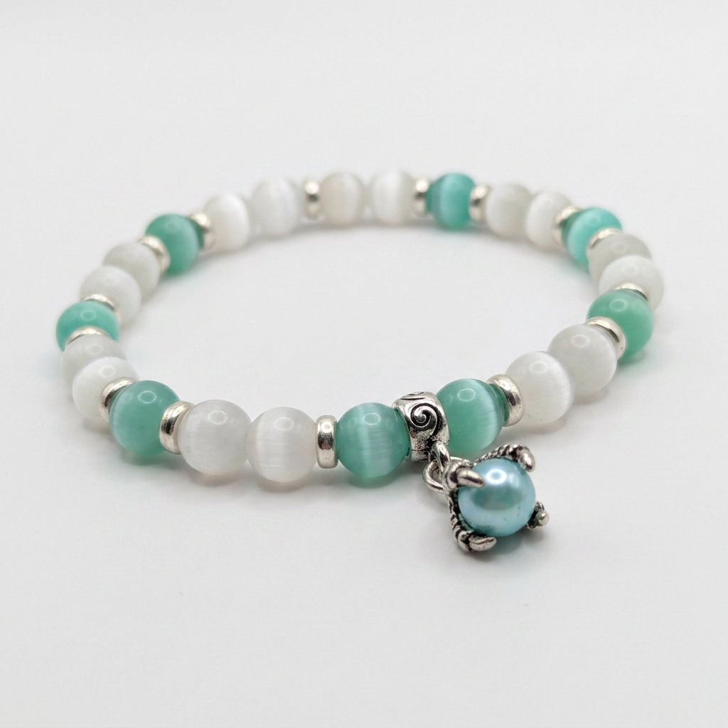 Cats Eye beaded bracelet aqua blue and moonstone white w/ dragon claw charm
