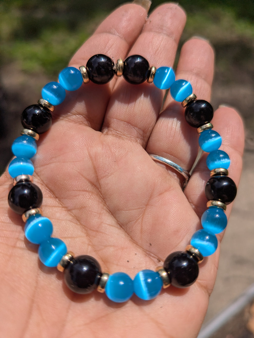 Onyx & Blue Cats EYE beaded stretch bracelet
