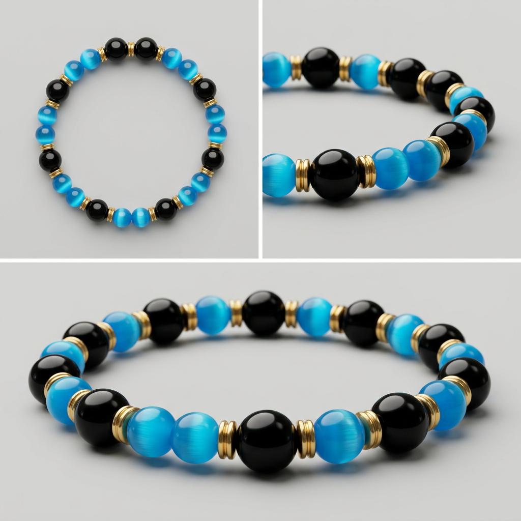 Onyx & Blue Cats EYE beaded stretch bracelet