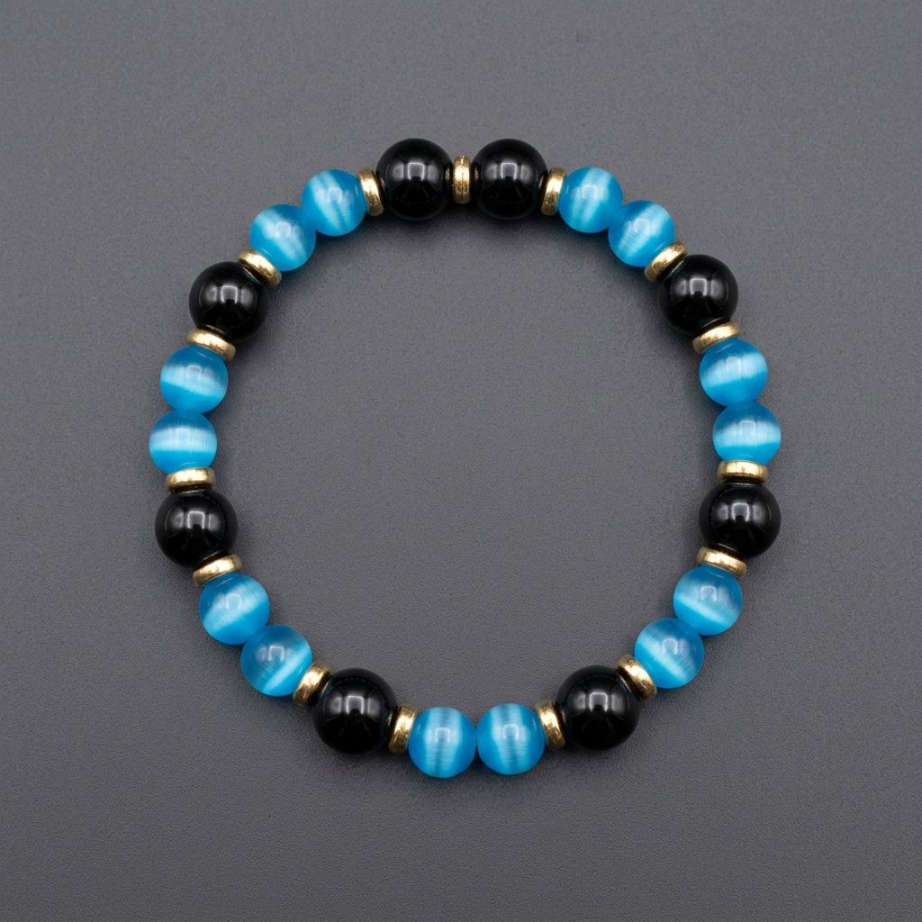 Onyx & Blue Cats EYE beaded stretch bracelet