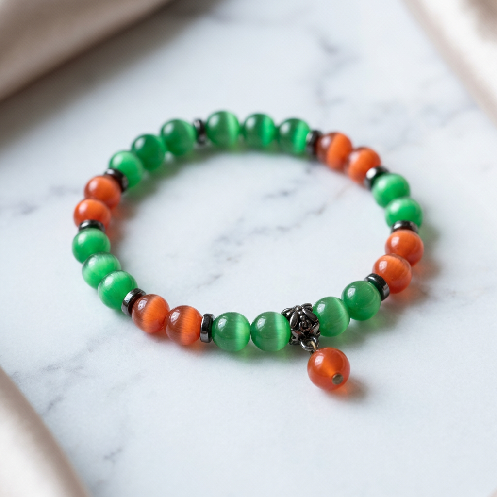 Emerald green and ember beaded cats eye bracelet